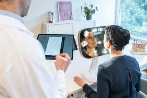Clinician uses a tablet while a patient sits before a lighted facial analysis mirror for cosmetic evaluation.