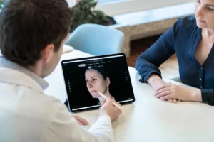 Doctor uses a tablet to review a 3D portrait of a woman's face during a consultation with the patient observing.