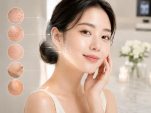 Smiling woman with a subtle glow; left side shows four circular close-ups of skin issues (acne, rough texture, pores) as a skincare infographic.