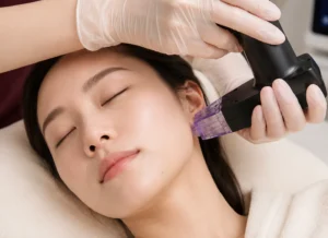 Woman receiving a cosmetic facial treatment with a handheld device along the jawline while eyes are closed.