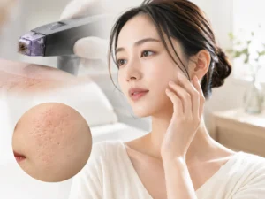 Woman receiving facial laser treatment with a device near her cheek; inset shows enlarged pores on the skin close-up.