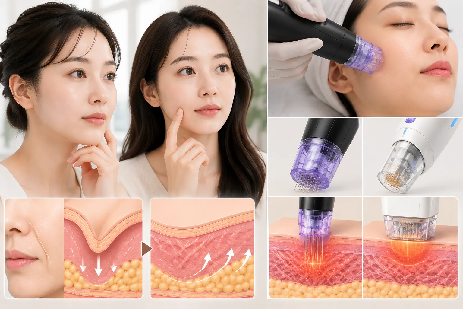Two women examine their faces during a skincare treatment demonstration on a bright clinical set.