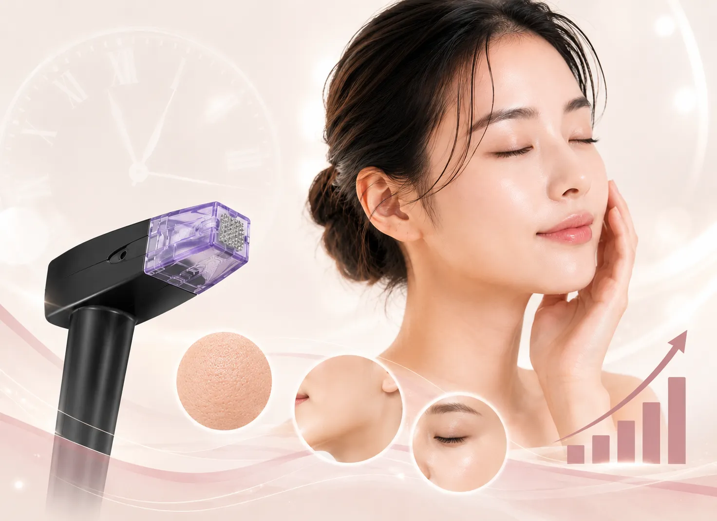 Woman with eyes closed receiving a facial treatment from a handheld beauty device with a purple transparent head.