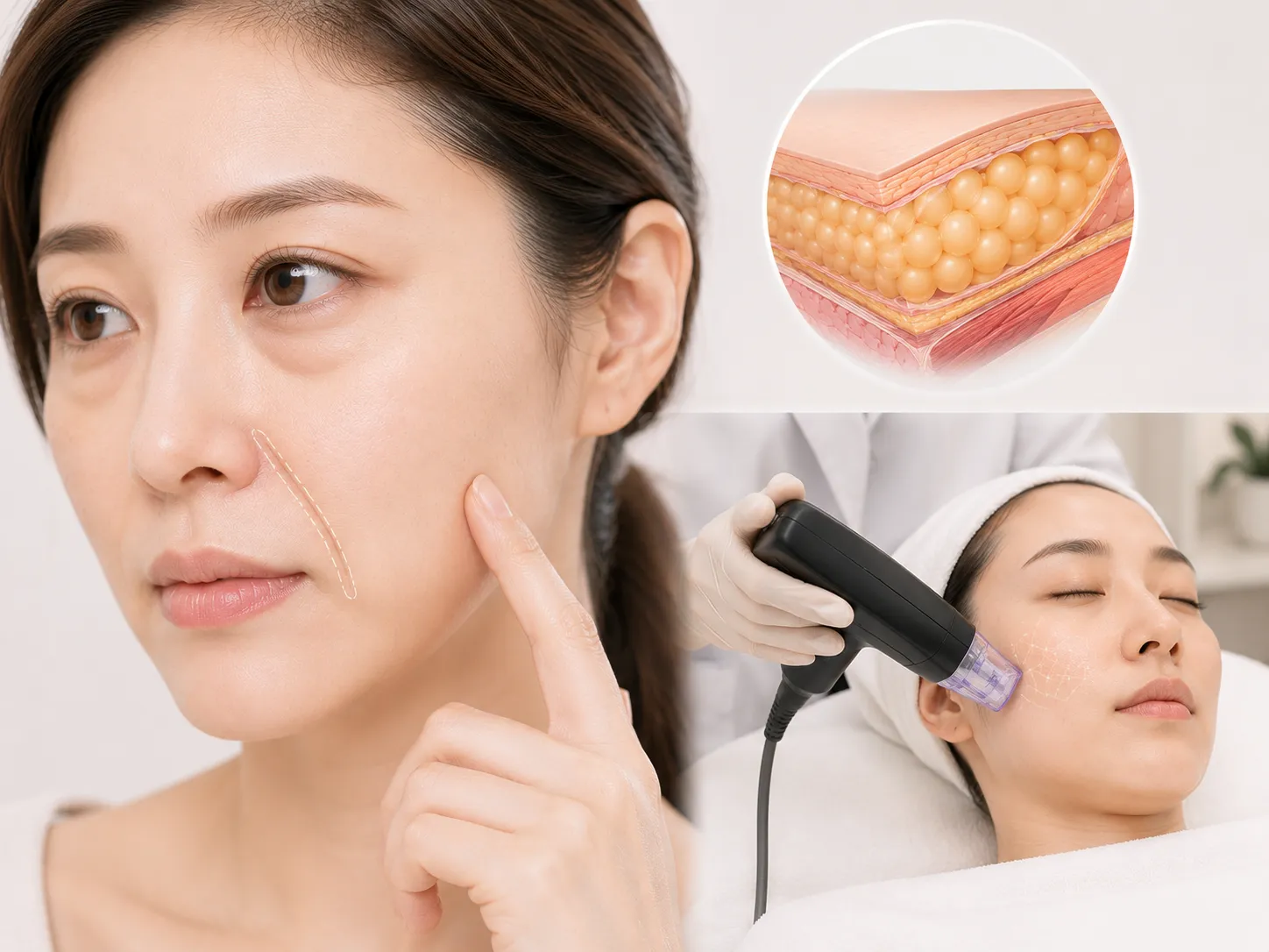 Woman receives a non-surgical facial treatment with a handheld wand on her cheek; inset shows a cross-section of skin with fat layers.