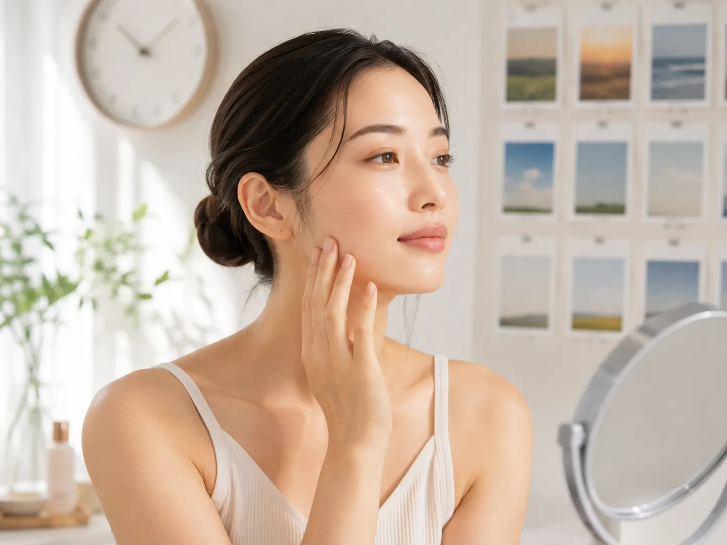 Woman gently touching her cheek during a skincare routine in a bright, airy room with a wall of photos in the background.