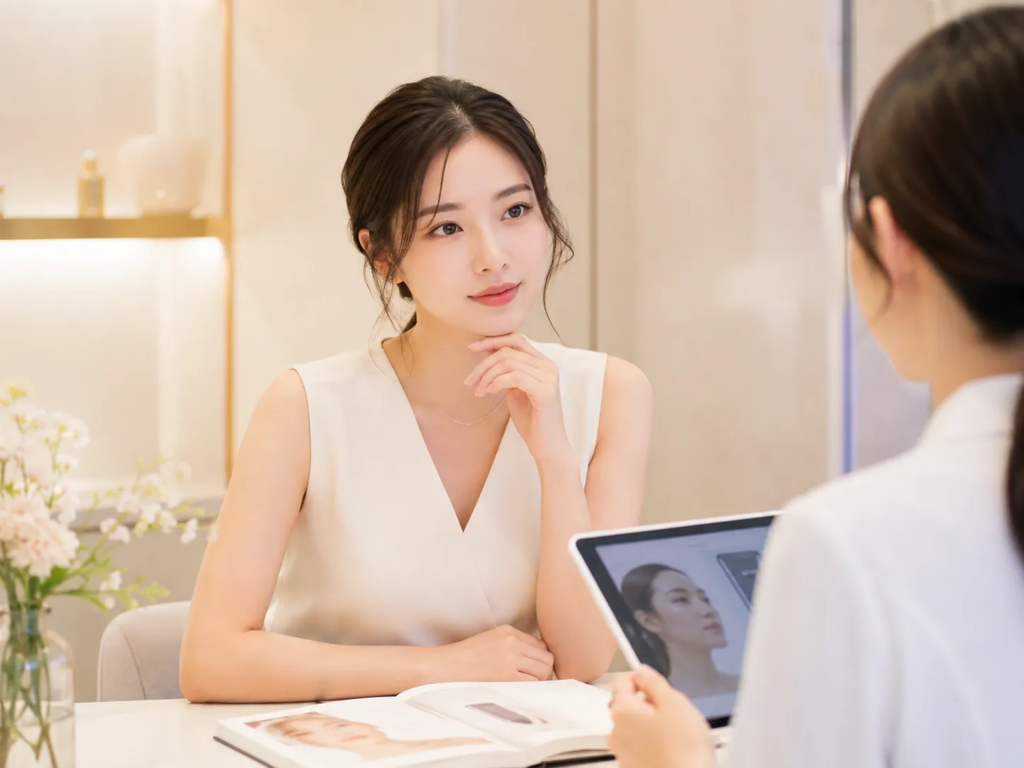 Woman in a sleeveless white top sits at a table, thoughtfully resting her chin during a beauty consultation with a clinician showing a tablet image of her face.