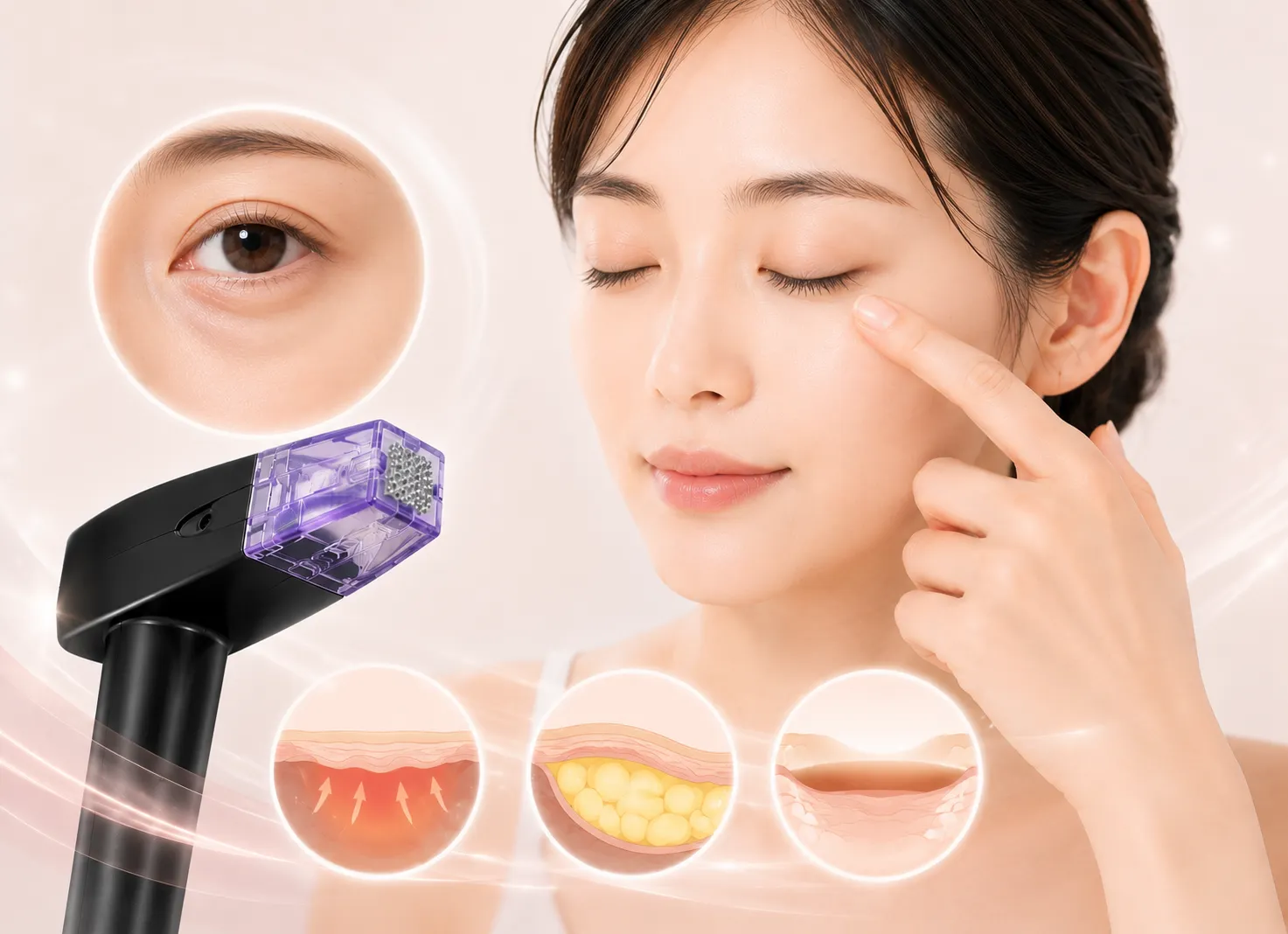 Woman receiving a facial treatment with a handheld device on her cheek; inset shows eye close-up and skin-layer diagrams.