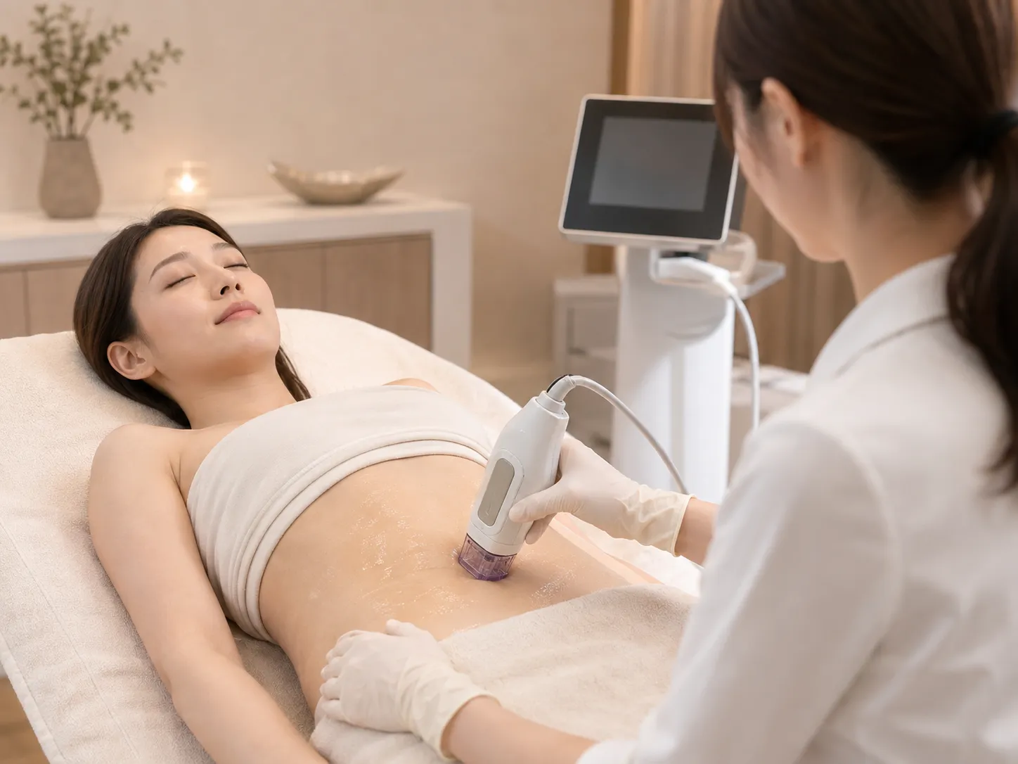 Woman lying on a treatment bed as a clinician uses a handheld device on her bare midsection for a body treatment in a spa.