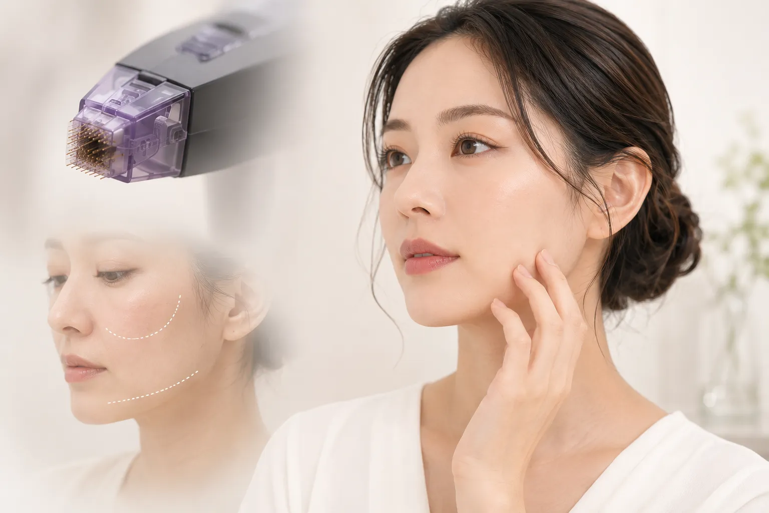Woman receiving a facial treatment with a purple handheld device near her cheek; mirror shows dashed contour outlines for lift.