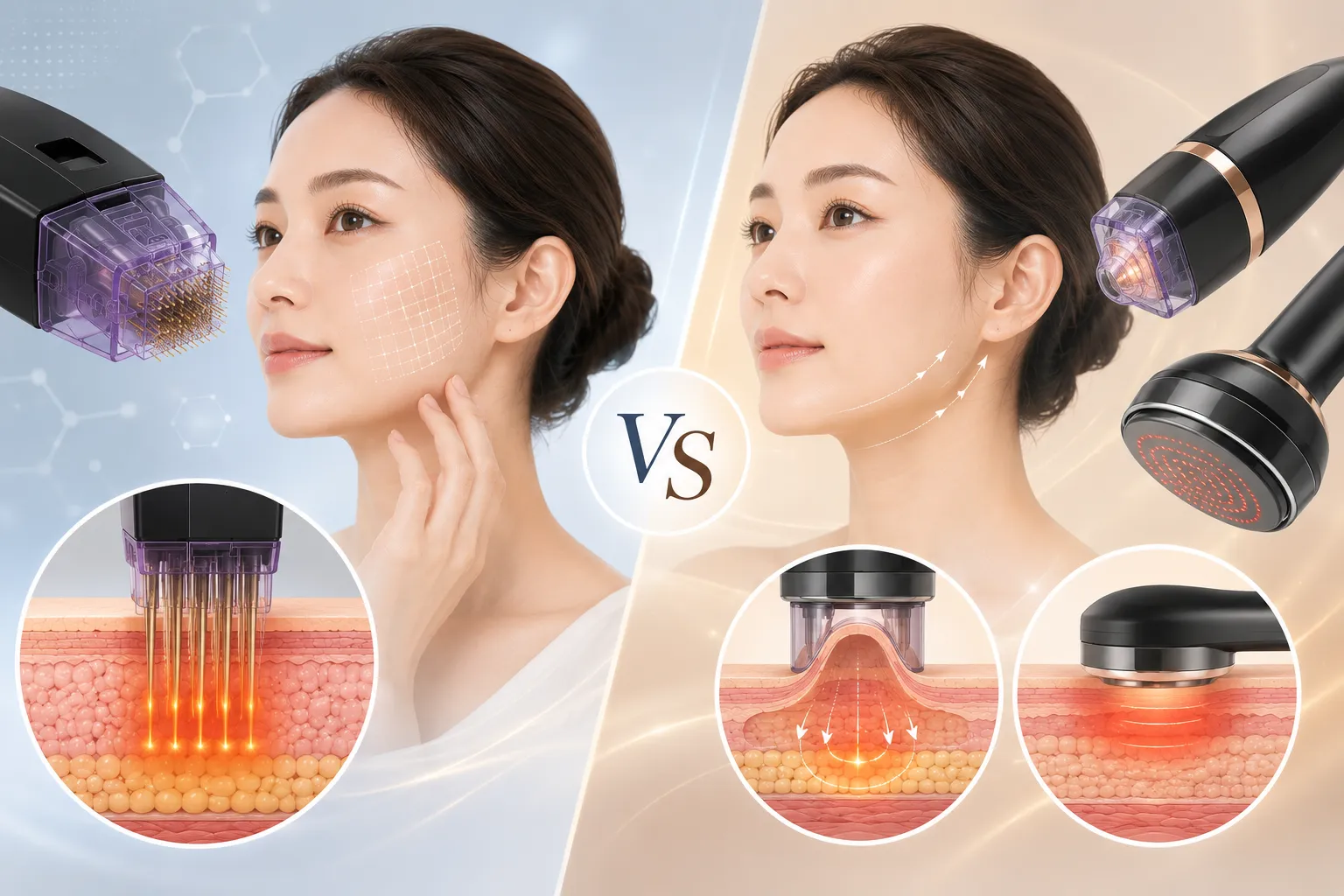 Two women face opposite directions to show a skincare treatment comparison: left with a needle-based microneedling device on the cheek, right with a noninvasive light/heat device; circular insets illustrate microneedling penetration and skin tightening actions.