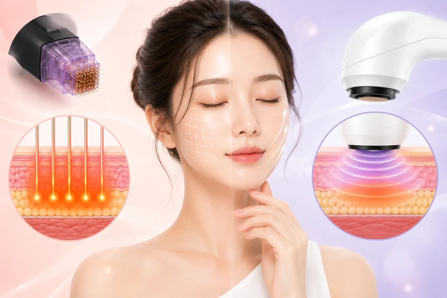 Woman receiving non-invasive facial skin treatment with multiple aesthetic devices for tightening and rejuvenation, eyes closed