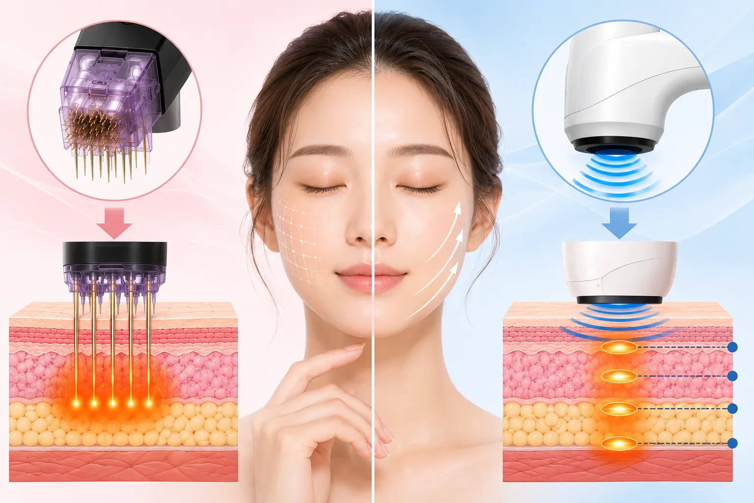 Split-screen illustration comparing two facial treatments: left shows microneedling with a purple cartridge delivering needles into skin; right shows a non-invasive device delivering RF/ultrasound-like energy to deeper skin layers to stimulate collagen.