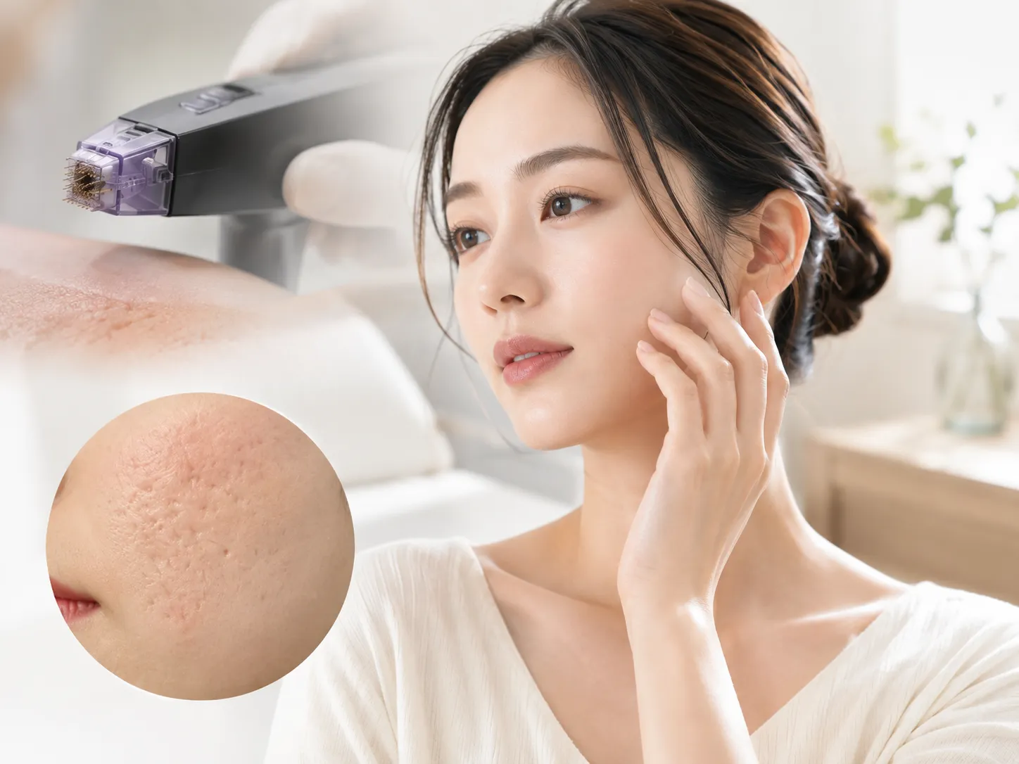 Woman receiving facial laser treatment with a device near her cheek; inset shows enlarged pores on the skin close-up.
