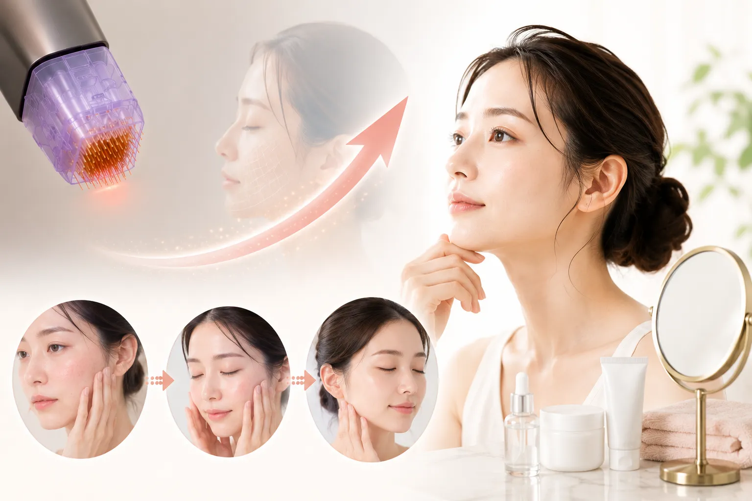 Woman gazing into a skincare device with a purple laser and upward arrow, suggesting advanced facial treatment.